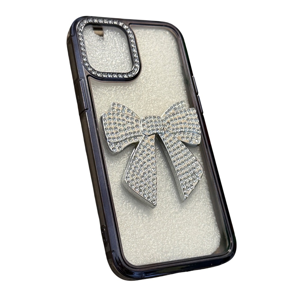 UMICASE iPhone 12 Pro Max Case Clear Rhinestone Bow Jeweled Camera Cover Silver